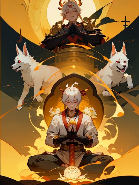 Kannon Bodhisattva,Burning Eyes, horn, white short hair, black armor, torii, man, full moon, hands together in prayer, Zen meditation Golden guardian dog Japanese sword Lotus flower field Paradise 青い炎