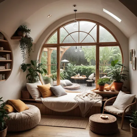 photograph, cosy room, circular opening into a lounger, soft pillows, cushions, big round window, rainy outdoors, water droplets...