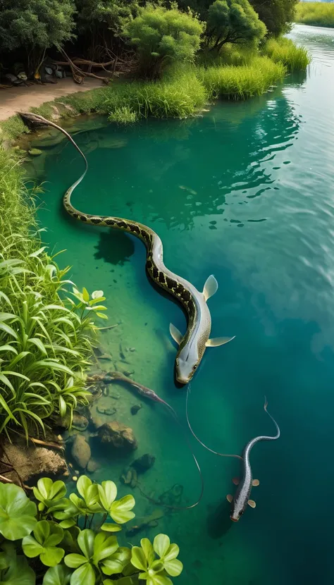 Panorama，There is a creature growing in the water，The body of a fish，Snake&#39;s Tail(best quality，4K，8k，High level，masterpiece：1.2），Ultra Detailed，（lifelike，Photo real，Photo real：1.37），Highly detailed animals，Complex patterns，Realistic lighting，Fantasy Cr...