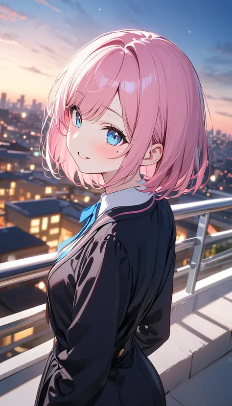 (1 girl),(Best Picture Quality, 8K, Masterpiece:1.3), (high school student:1.5), ((pink lob hair:1.1)), (bob cut),(swept bangs), (cute eyes, pupil black, iris skyblue, youthful face), (mole under right eye), (standard weight), (small breasts), (glistening ...