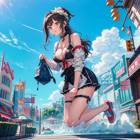 masterpiece　　Unreal Engine　Anime Style　Delicate painting　4K　90s　giant　crowd　 　amusement park　　((amusement parkに立っている巨大な黒髪の水着の女の子))　clown　stuffed toy　roller coaster　Merry-go-round　crowd　Big Breasts　sneakers　Bikini Swimwear　paola　Straw hat　　　smile　blue sky　c...