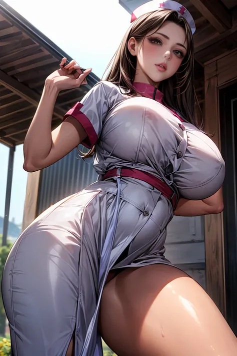 (1girl), (Sexy shiny nurse uniform), (ナース制服のFrom below黄色パンティーのデルタ見せ), masterpiece, (From below), (big breast), (Sexy pose), (very tanned and shiny skin),  photoRealistic, Realistic, alone, photoRealistic, Highest quality, Ultra-high resolution, Yura S, Out...