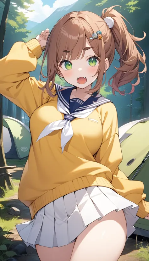 Aoi Inuyama, loose camp, medium hair, chest, bangs, brown hair, hair ornament, side ponytail, flowing bangs, thick eyebrows, hair bobble, skin fangs, green eyes, fangs, sailor color, sweater, Motosu , yellow Sweater, white neckerchief, pleated skirt, showi...