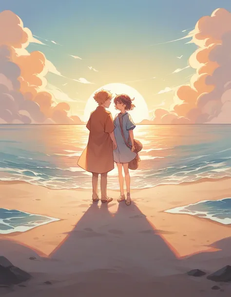 Two young adult South Korean women with height differences. Embraced on the shore between sand and sea, they smile like a couple in love while the orange sunset sun illuminates their faces, which are enveloped by the beige colors of the sunset.