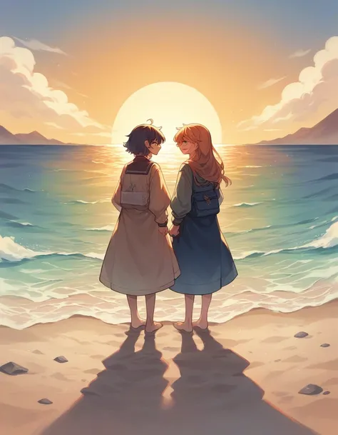 Two young adult South Korean women with height differences. Embraced on the shore between sand and sea, they smile like a couple in love while the orange sunset sun illuminates their faces, which are enveloped by the beige colors of the sunset.