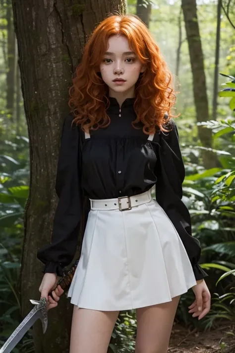 15 year old girl, Lovely, orange hair, very short, Very curly, slim, flat bust, with freckles on the face, with slavic features, with long sleeve black dress, whole body, shows her legs, In the woods, holding a sword in his hand.