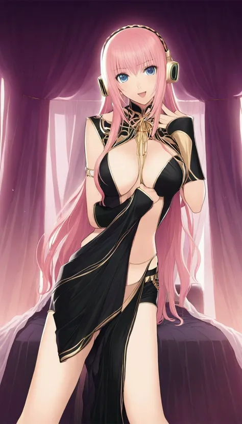 masterpiece,Detailed and beautiful depiction 1.1,Official Art,Beautiful adult woman ,Megurine Luka,Megurine Lukaの公式衣装,headphone,Black costume with gold decoration,Pink long hair,blue eyes,smile,Open your mouth,Mr.々A seductive pose,She lifts her black skirt...