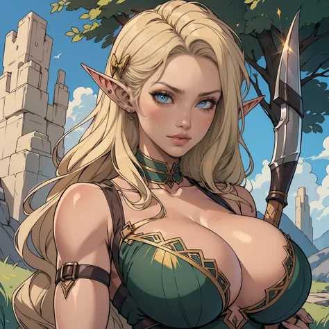 platinum blonde hair, 1girl, long hair, pointy ears, elf, huntress outfit, longbow, bow (weapon), nature, makeup, long eyelashes, masterpiece, best quality, intricate detail, sketch, outline, anime screencap, huge gigantic 