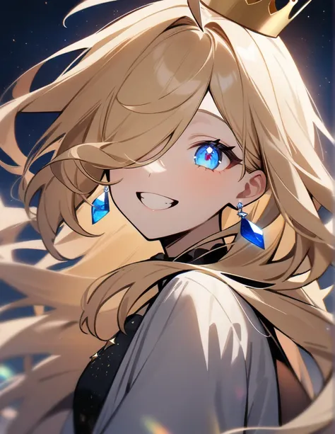 One girl, Long Hair, High resolution, smile, blue eyes, とてもLong Hair, masterpiece, Blonde, Ahoge, Hair that hides one eye, Hair blowing in the wind, Cat ear, Crystal Earrings, Smiling with teeth showing, crown, Stars in the Sky, Odd Eye, Big glitter eyes, ...