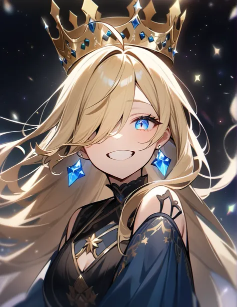 One girl, Long Hair, High resolution, smile, blue eyes, とてもLong Hair, masterpiece, Blonde, Ahoge, Hair that hides one eye, Hair blowing in the wind, Cat ear, Crystal Earrings, Smiling with teeth showing, crown, Stars in the Sky, Odd Eye, Big glitter eyes, ...