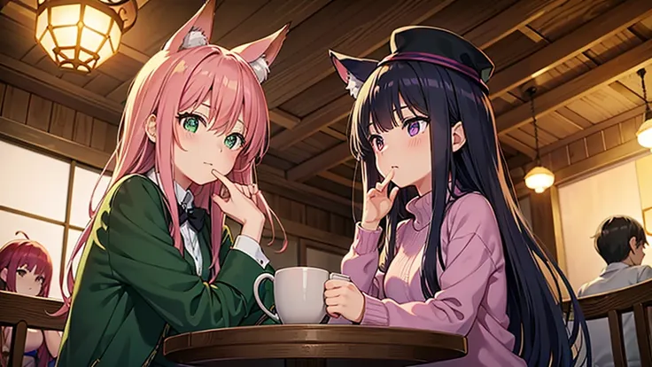 perfect anime art of a cozy, warmly lit tavern with two characters seated around a wooden table, one caressing the other\'s chin...