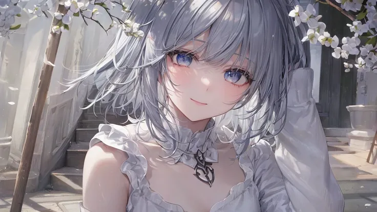 とてもShort Hair, Long bangs between the eyes, Very detailed,(masterpiece、Highest quality)、alone、Gray Hair、Fantasy, Silver Hair, Fantasyな風景、smile、Open your mouth、short hair、Short Hair、hairpin、black eye、Grey Eyes、Beautiful Eyes、Black Shirt、White hoodie