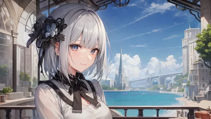 とてもShort Hair, Long bangs between the eyes, Very detailed,(masterpiece、Highest quality)、alone、Gray Hair、Fantasy, Silver Hair, Fantasyな風景、smile、Open your mouth、short hair、Short Hair、hairpin、black eye、Grey Eyes、Beautiful Eyes、Black Shirt、White hoodie