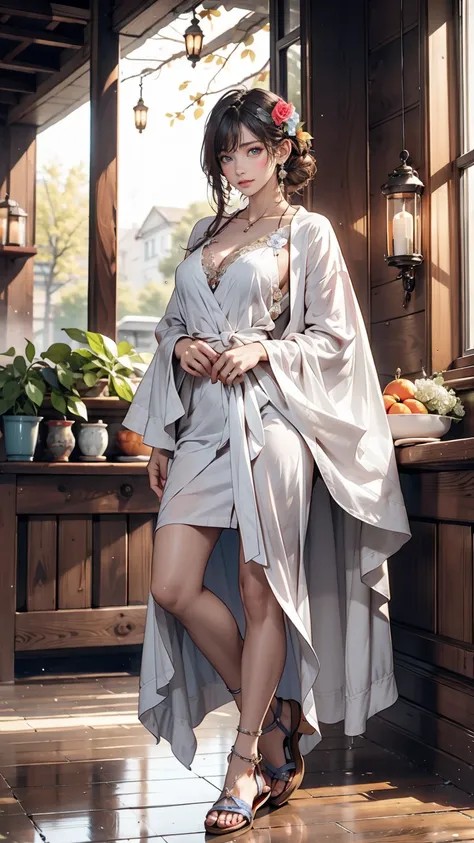 Greek Goddess、Wearing a sheer robe、Sandals、Sexy proportions、Hair ornament decorated with flowers、Alfons Micha vibe