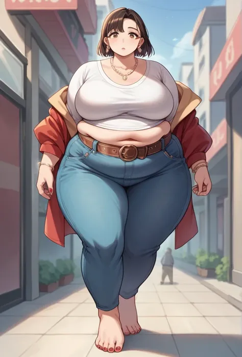 Curvy anime girl, overweight fat girl, pretty anime girl, beautiful chubby anime girl, big tummy, large breasts, wide hips, curvy butt, stomach rolls, stomach bump, fashionable, cool clothes, fun clothes, fashion, accessories, jacket, jewelry, bracelet, ea...