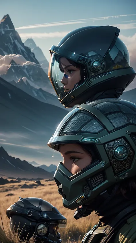 award-winning close-up photo of a woman (science fiction explorer:1.3) helmet with hexagonal glass visor, [Psycho-Style::10], next to a (accident vehicle:1.2), (smoke:1.4), looking towards a green alien planet, (mountains:1.2) (tall grass:1.2), Rocks, Very...