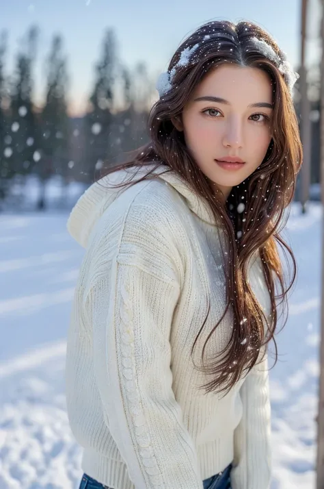 (masterpiece:1.35),(best-quality:1.4),8k,ultra-detailed,photography,(ultra-realistic:1.4), adult girl, long hair, sweater, snowing background,