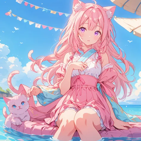 Cute With a girl cat ears、Japanese anime style、Moe、（Full body 2.0）、（Only 1 person 2.1）、（No background 1.8）、Lifelike and detailed body、、With a girl、Childish、10 years old、Hair length、Bans、Pink Hair、Lifelike and detailed face、Beautiful eyes with realistic det...