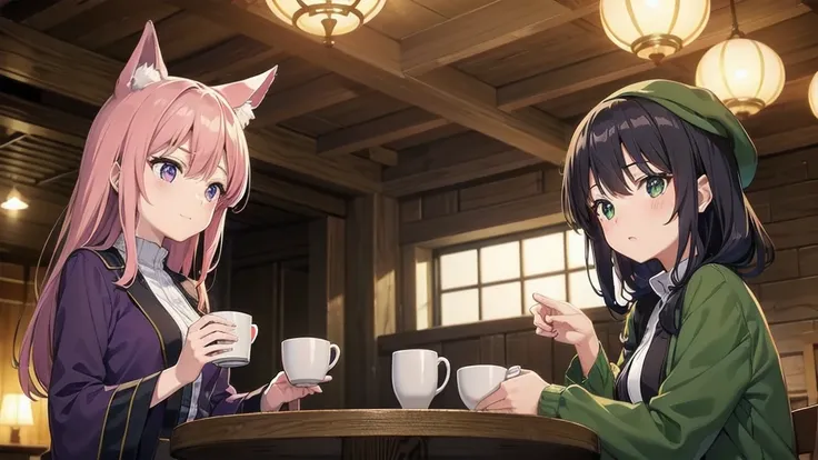 perfect anime art of a cozy, warmly lit tavern with two characters seated around a wooden table, one caressing the other\'s chin...