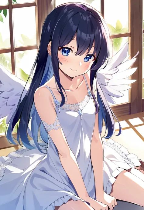 one girl, pure white angel, 13 years old, white dress, sitting, light blue eyes, big angel wing, happily, blush, look at me, naive, angel rings