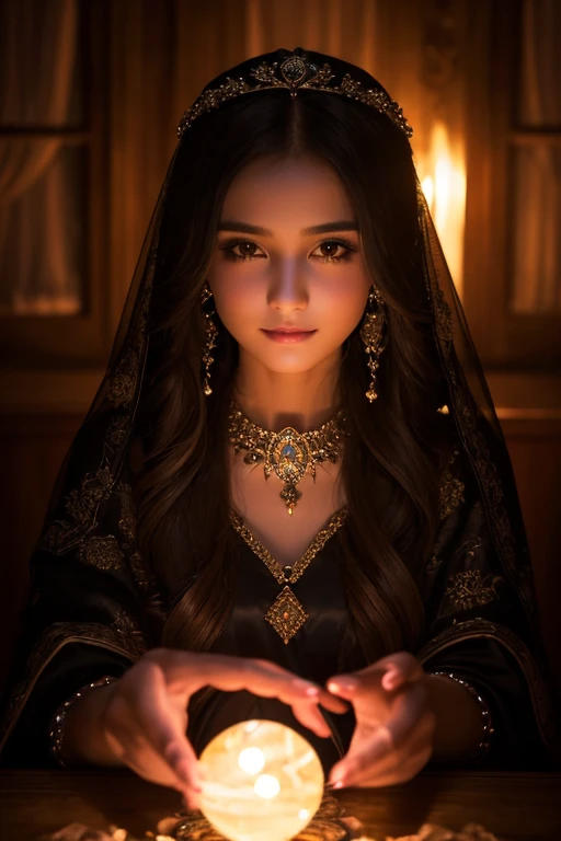 a beautiful young girl, a female fortune teller, shy smile, crystal ball, night, long detailed hair, detailed facial features, piercing eyes, elegant dress, delicate hands, intricate crystal ball, glowing crystal ball, magical atmosphere, dark moody lighti...