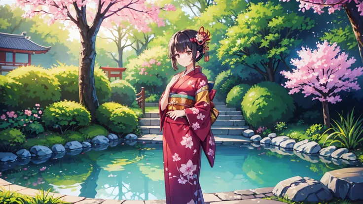 A young woman in traditional Japanese attire playing a flute. She is wearing a beautifully detailed kimono with intricate patterns. Her hair is styled elegantly, and she has a serene expression on her face. She is standing in a peaceful garden with cherry ...