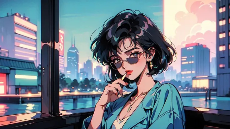 (80s, Retro, City Pop:1.5),  (masterpiece, Highest quality, Exquisite detail), (anime, figure), girl, alone, cool, Wearing sunglasses, short hair,Cityscape, Wearing a white shirt, Smoking a cigarette
