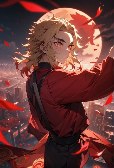 Absurd, High resolution, Super detailed, High resolution, masterpiece, Highest quality, Rengoku Kyojuro holding a katana, Medium blonde hair with red streaks, Expressive orange eyes, Kimetsu no Yaiba, 1 person, handsome, Red petals, red lily, Red The moon,...