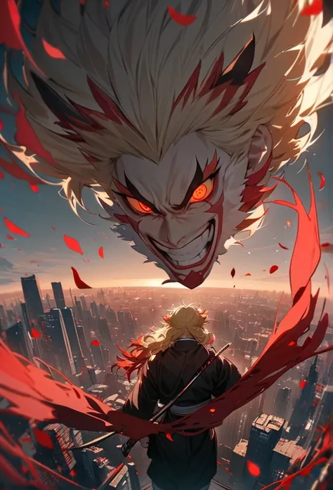 Absurd, High resolution, Super detailed, High resolution, masterpiece, Highest quality, Rengoku Kyojuro holding a katana, Medium blonde hair with red streaks, Expressive orange eyes, Kimetsu no Yaiba, 1 person, handsome, Red petals, red lily, Red The moon,...