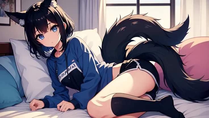 a fox girl. she has short black hair, black fox ears, black tail with white tip, blue colored eyes. wearing a blue jacket, black...