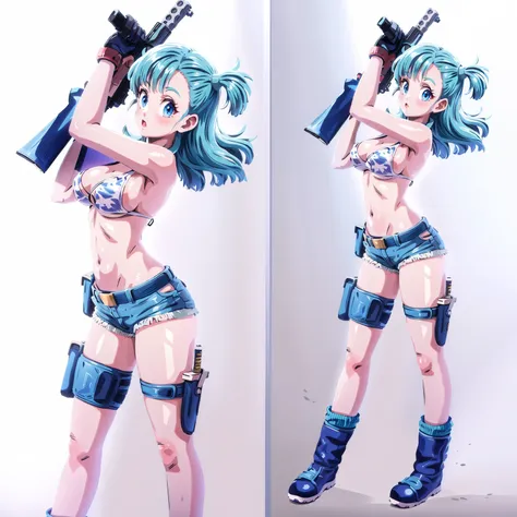 1girl, 独奏, gun, weapon, shorts, swimsuit, bulma, holster, boots, 比基尼, blue hair, gloves, breasts, blue eyes, one side up, 比基尼 to...