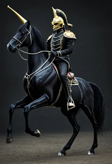 Skeleton riding a black horse with a horn in his hand