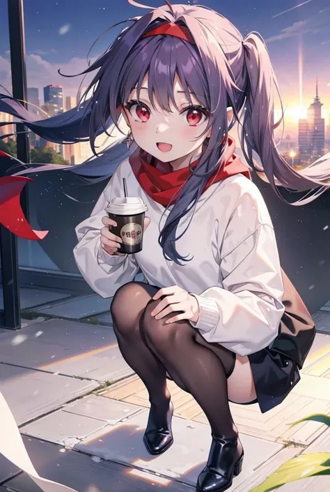 yuukikonno, Konno Yuuki, Long Hair, Pointed Ears, Purple Hair, (Red eyes:1.5), (Small breasts:1.2), Open your mouth,happy smile, smile, Open your mouth,hair band,low twin tail,Red Scarf,Oversized purple hoodie,Black pantyhose,Long skirt,short boots,Holding...