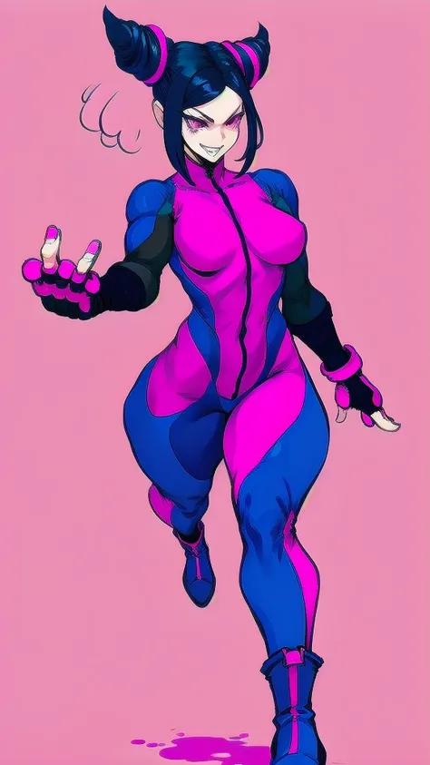 Full body image of Juri Han from Street Fighter 6, wearing her original outfit (purple and black bodysuit with pink accents, high boots, and fingerless gloves), short black hair styled in twin buns, female body, athletic and flexible body, dynamic pose, de...