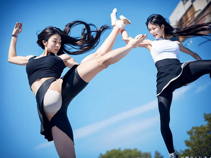 (Flying kick)、Kung Fu、(Japanese woman wearing a skirt and top jumping in the air), Black Mask、Stunning action poses, Skirt fluttering in the wind、Hair blowing in the wind、athletic fashion photography, Black Wristband、black leather gloves、Black panties、Dram...