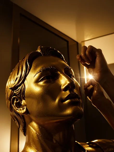 A golden statue of a man thinking, dramatic lighting