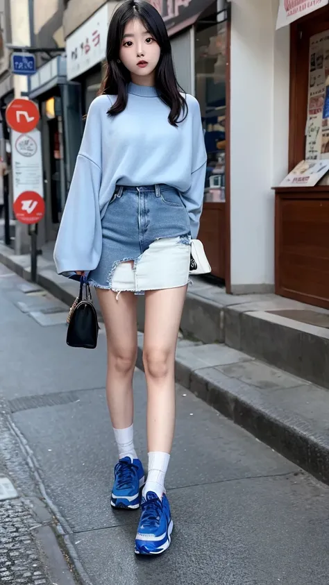 Korean girl, standing, in street of fores, blue shoes, 8k,masterpiece, high quality