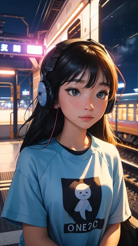 train,  high quality,trainから降りる, T-Shirts、Station platform,Stargazing,  Put on your headphones, Night Travel, Beautiful starry sky, beautiful girl, UHD Portrait, colorful, Long hair in color 🌈