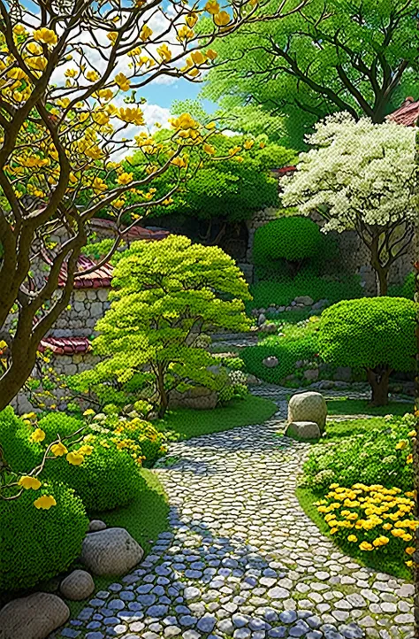 Creating an image of tranquility, Sunny countryside scenery, Vibrant anime style. The scene is set in a stone-paved courtyard，There is a small grass growing between the stones, There are trees around, Shadows of leaves and clouds, Yellow flowers on the tre...