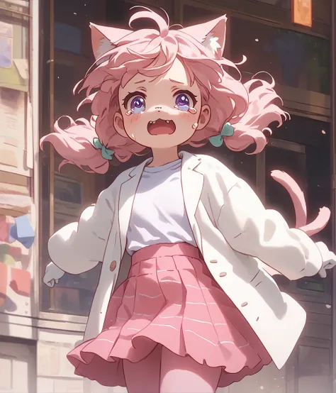 Anthropomorphic female  cat, whole body, Crying with big tears flying, 明るいDaytimeの都会, White coat, Adorable, Daytime, White T-shirt、Pink Skirt、