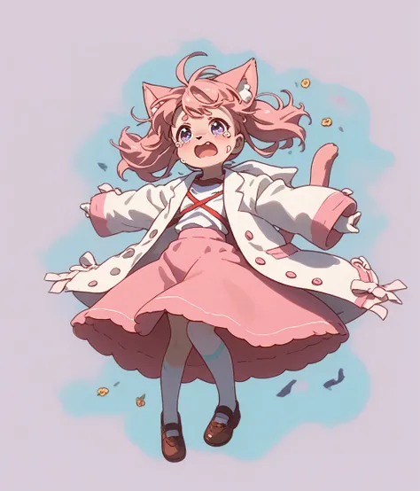 Anthropomorphic female  cat, whole body, Crying with big tears flying, 明るいDaytimeの都会, White coat, Adorable, Daytime, White T-shirt、Pink Skirt、