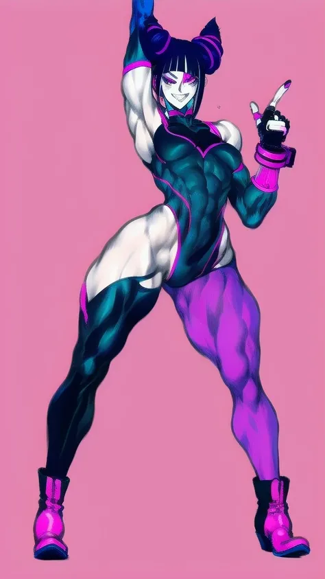 Full body image of Juri Han from Street Fighter 6, wearing her original outfit (purple and black bodysuit with pink accents, high boots, and fingerless gloves), short black hair styled in twin buns, female body, athletic and flexible body, dynamic pose, de...