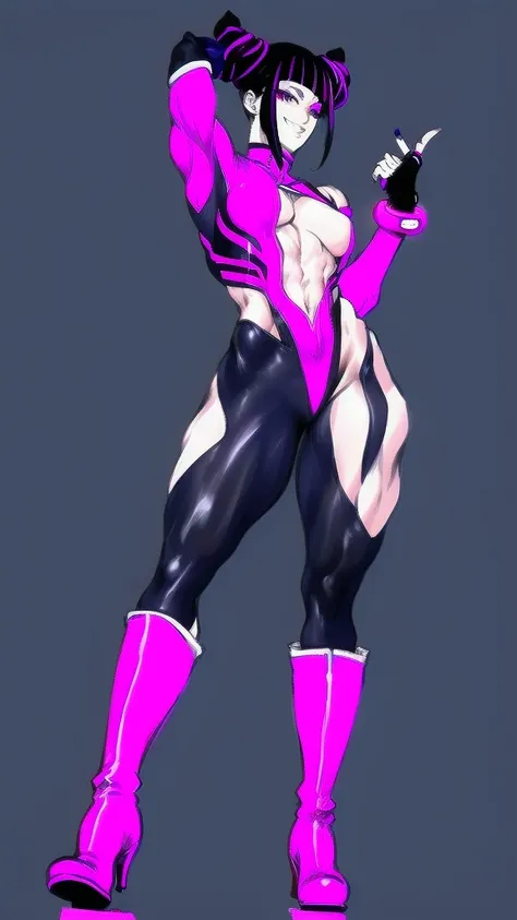 Full body image of Juri Han from Street Fighter 6, wearing her original outfit (purple and black bodysuit with pink accents, high boots, and fingerless gloves), short black hair styled in twin buns, female body, athletic and flexible body, dynamic pose, de...