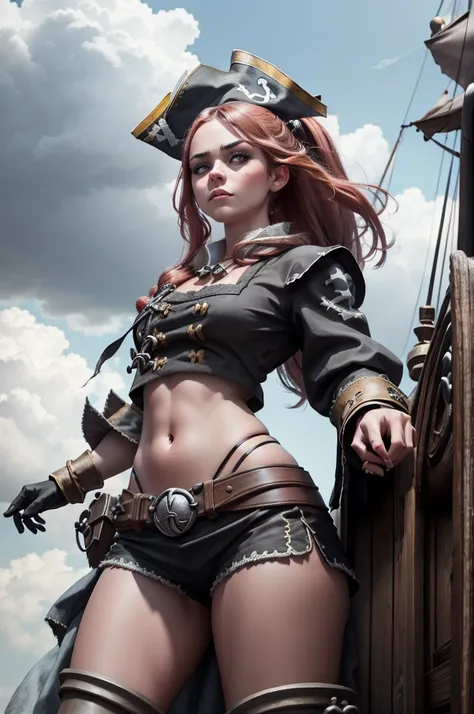 a beautiful woman wearing pirate costume , in pirate ship, black clouds in the sky, super detailed look, perfect body shape and ...