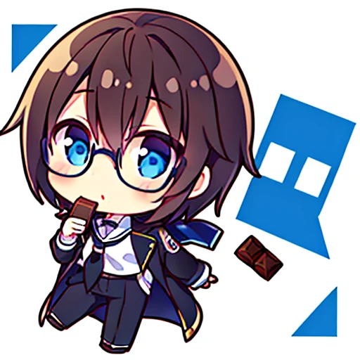 Libido boy，Shota，adolable，tchibi，Idle，brown  hair，blue color eyes，black-frame glasseusical elements，Sunshine, Manteau blanc, Adventure, Eat chocolate,white uniform，shorter pants，the sky background