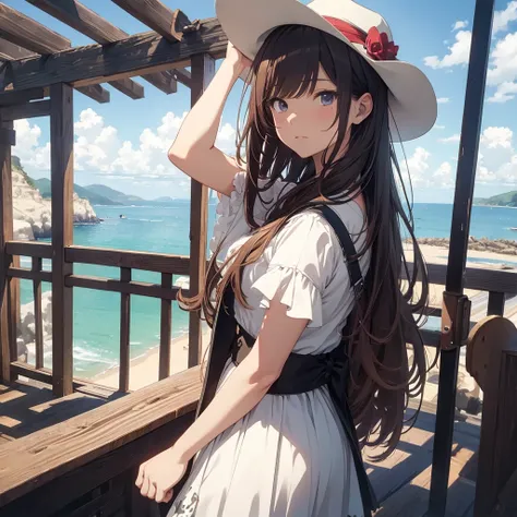 masterpiece, best quality, solo,1girl,looking at viewer,outdoor, cowboy shot,sea,anime style,
 anne