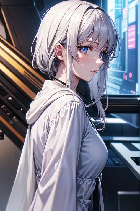 Highest quality,A perfect masterpiece,Perfect artwork,Official Works,8k,, (Upper body portrait:1.3),((View from the side:1.5)),Close-up lens,Delicate face,, 17 years old,White Hair Girl,Medium Hair,((White, clear eyes:1.5)),(White Dress:1.2)、 The illusion ...