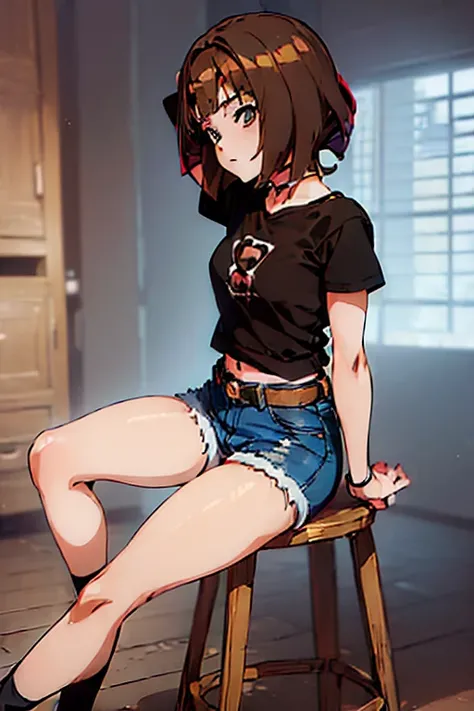 (anime:2.0), (teenage girl, short brown hair:1.7), (pose sitting on a stool with his back to the camera:1.3), Background room, (denim shorts, Black T-shirt, leggings:1.3)