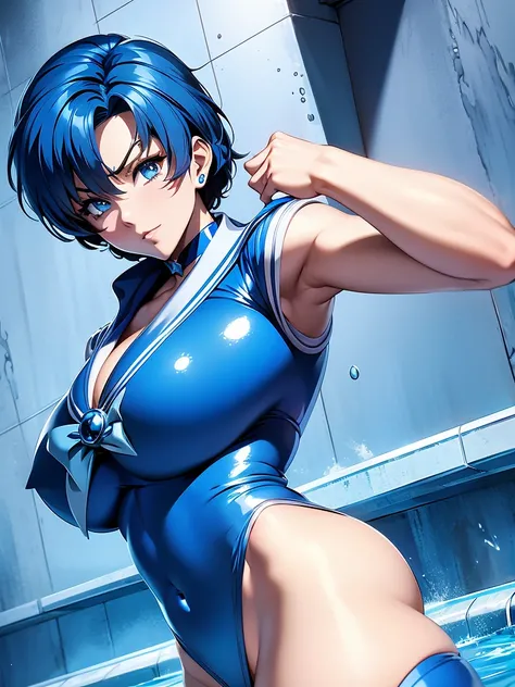 Sailor mercury in full police  suit,long blue hair,Blue Power Ranger, hurricane ,Sexy goth woman big breast, character sheet,inside a pool,High Resolution, Large breasts, 