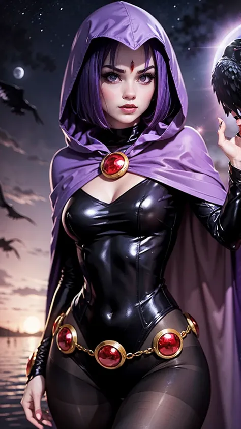 illustration of raven from dc comics, 1 girl, raven, turtleneck, black leotard, black cape, hood, purple hair, forehead jeemel, ...